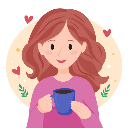 Smiling woman holding blue cup of coffee. Coffee time and relaxation concept.のイラスト素材