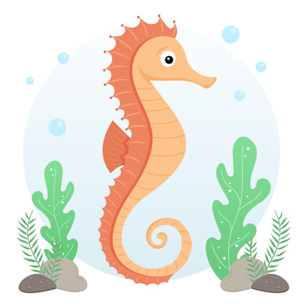 Orange seahorse with green sea plants and bubbles in the oceanのイラスト素材