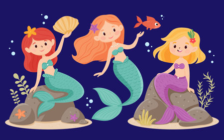 Three smiling mermaids with fish and sea plants under the seaのイラスト素材