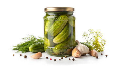 Glass jar of pickled cucumbers surrounded by fresh garlic, dill, peppercorns on white. Concept of homemade food and preservationの写真素材