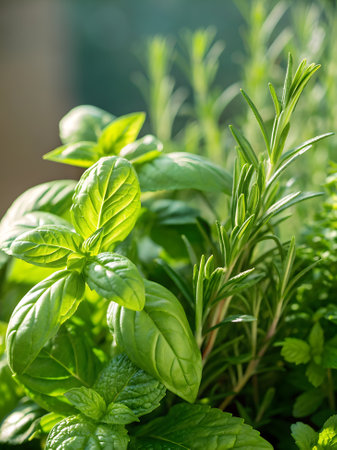 Close-up of fresh basil and rosemary herbs with mint in natural daylight, soft-focus garden background, concept of organic cooking and gardeningの写真素材