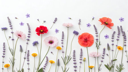 Assorted wildflowers including lavender, daisies, and poppies laid out flat on a white background, botanical spring-themed compositionの写真素材