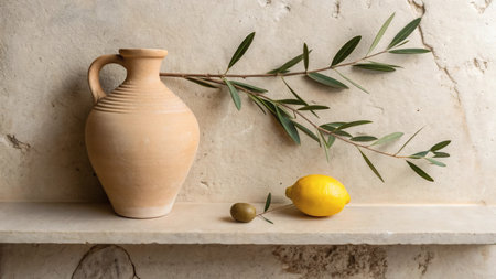 Mediterranean still life featuring a clay jug, olive branch, lemon, and olive on a rustic stone shelf and background, evoking natural simplicityの写真素材