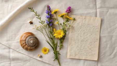 Colorful wildflowers and a handwritten letter arranged on a soft linen fabric background. Concept of nostalgia and summer memoryの写真素材