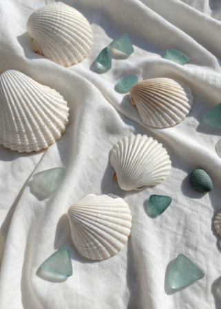 White seashells and green sea glass pieces arranged on a soft white fabric in sunlight, creating a...