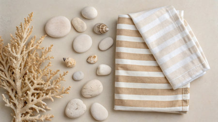Folded striped towel with beige and white lines next to seashells, coral and stones on a neutral background. Concept of beach decorの写真素材