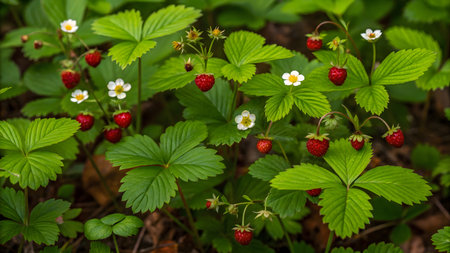 Wild strawberries with red ripe berries, green leaves, and white flowers growing naturally in forest undergrowth, symbolizing summer and natureの写真素材