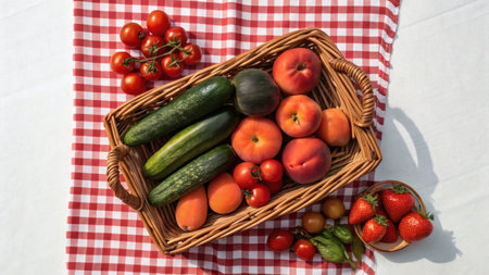 Assorted fresh fruits and vegetables in a wicker basket on red checkered cloth, natural style on white background, concept of organic healthy foodの写真素材
