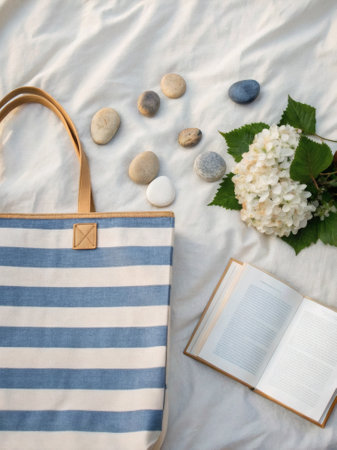 Striped beach bag, assorted pebbles, white hydrangea, and open book arranged on soft white fabric, evoking a calm summer reading conceptの写真素材