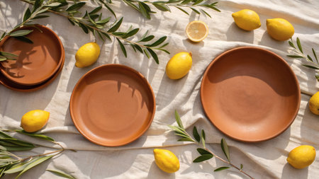 Brown ceramic plates with fresh lemons and olive branches placed on a light fabric background, evoking a Mediterranean summer dining conceptの写真素材