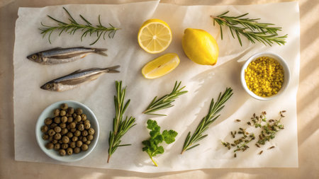Whole fish, herbs, lemons, olives, and spices neatly arranged on parchment paper with soft natural...