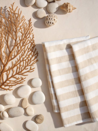 Beige striped fabric with white coral branch, smooth pebbles, and seashells placed on a neutral beige background. Coastal and natural themeの写真素材