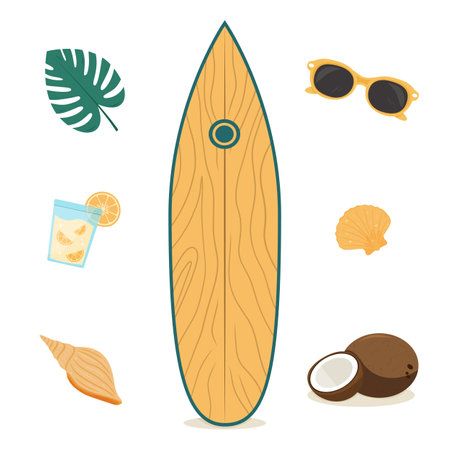 Bright summer set with a wooden surfboard surrounded by summer items.のイラスト素材