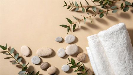 White towels, smooth spa stones, and eucalyptus leaves arranged on beige surface, minimal flat lay concept of relaxation and natural wellnessの素材