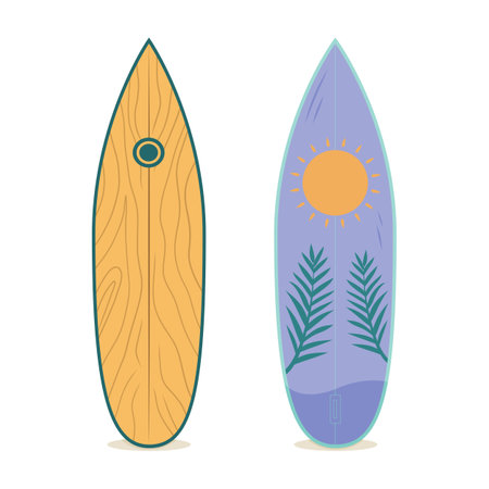 Two surfboards display vibrant artwork, perfect for a sunny beach day.のイラスト素材