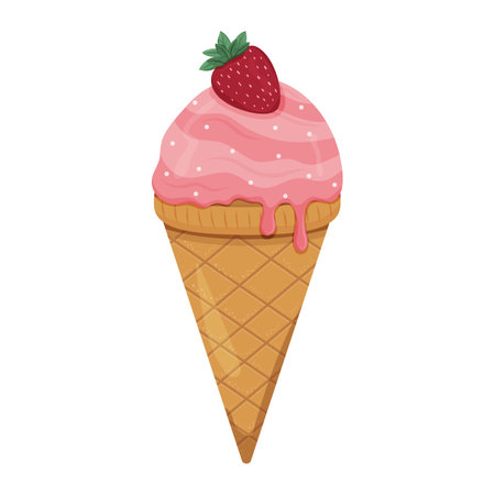 A colorful ice cream cone features pink strawberry flavor topped with a berry.のイラスト素材
