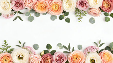 Pastel roses and ranunculus flowers arranged in a flat lay border on white background, natural style, ideal for wedding or spring-themed conceptsの素材