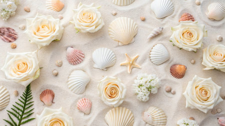 Elegant white roses, seashells and starfish arranged in a flat lay style on soft beach sand, representing summer romance and coastal beautyの素材