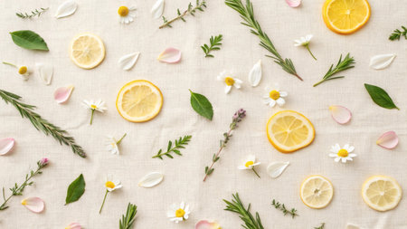 Lemon slices, green herbs, and delicate flower petals arranged on beige fabric, flat lay style, symbolizing freshness and natural wellnessの素材
