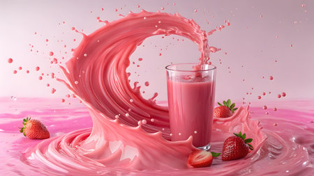 A vibrant splash of strawberry milkshake cascades around a glass filled with pink drink.の素材