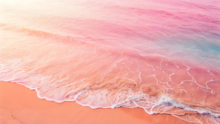Waves gently lap against a sandy shore, showcasing a beautiful ombre sky at dusk.の素材