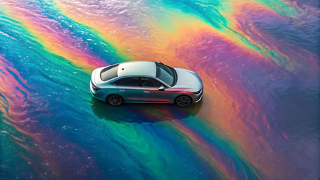 Car moves smoothly over water reflecting a stunning array of colors under bright daylight.の素材