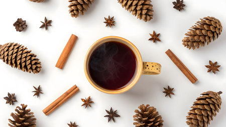 Steaming cup of coffee surrounded by pinecones, cinnamon sticks, and star anise.の素材