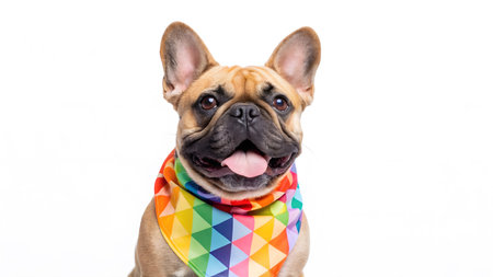 French Bulldog displays a playful expression while wearing a vibrant geometric scarf.の素材