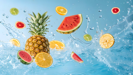 Colorful fruits splash in water creating a refreshing summer vibeの素材