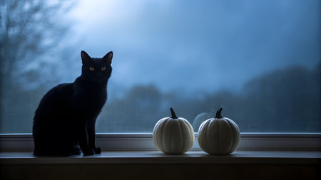 A black cat is perched on a windowsill near two white pumpkins at twilight.の素材