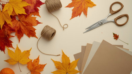 Craft materials including autumn leaves, scissors, and paper arranged on a table for project.の素材
