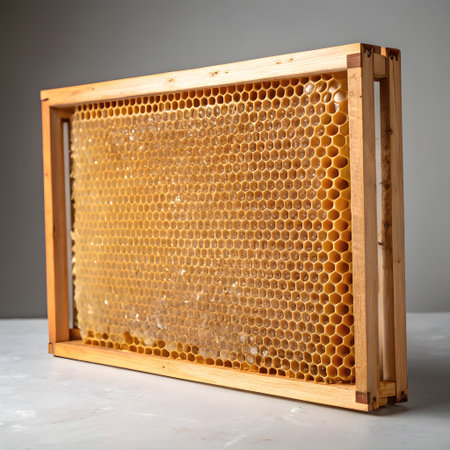 A detailed beeswax honeycomb frame rests in a wooden structure, showcasing its intricate patterns.の素材