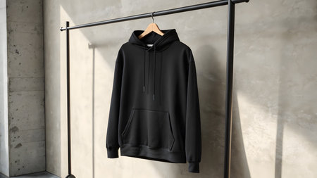 Black hoodie is showcased on a rack against a concrete wall in a modern retail space.の素材