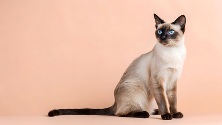 A siamese cat with striking blue eyes sits poised on a smooth surface, showcasing its beauty.の素材