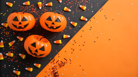 Brightly colored pumpkins and candy corn arranged on a vibrant orange and black surface.の素材