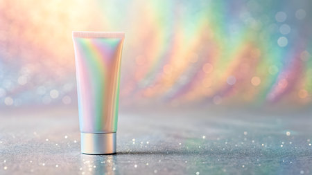 This iridescent cream tube stands alone on a sparkling surface with vibrant colors behind it.の素材