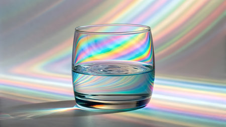 A glass filled with water displays colorful light patterns from refraction.の素材
