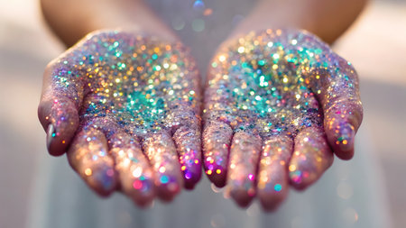 Hands are held open with a dazzling assortment of glitter reflecting sunlight in an outdoor setting.の素材