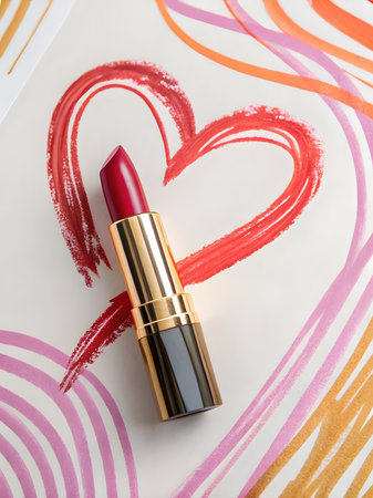 Bright red lipstick resting on vibrant heart design made with artistic strokes.の素材