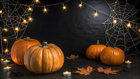 Colorful pumpkins and candles are arranged with spider webs for Halloween celebration.の素材