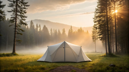 Camping under soft sunlight, a tent rests in a serene, misty forest at dawn.の素材