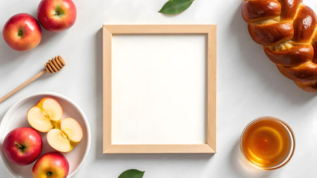 Fresh apples, honey drizzler, and braided bread are artfully placed for gathering.の素材