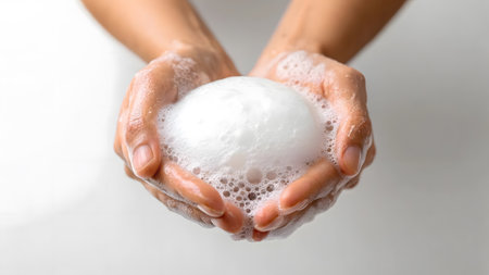 Hands gently cradle a fluffy soap bubble, displaying foam and texture under bright lighting.の素材
