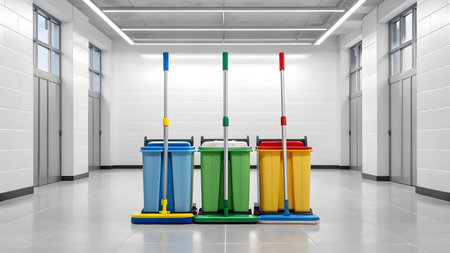 Brightly colored cleaning tools stand in a spacious, well-lit hallway ready for use.の素材