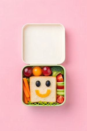 A vibrant lunchbox features a smiling sandwich, assorted veggies, and fruits ready for lunchtime.の素材