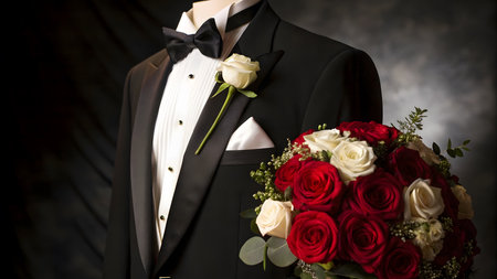 Groom's tuxedo displayed with classic roses in a romantic atmosphere for wedding celebration.の素材