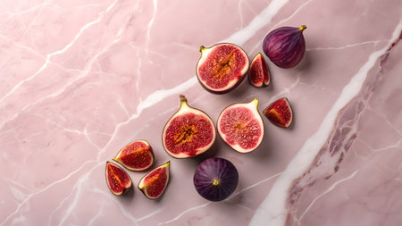 Sliced and whole figs are artistically displayed on a smooth marble surface adding vibrant colors.の素材
