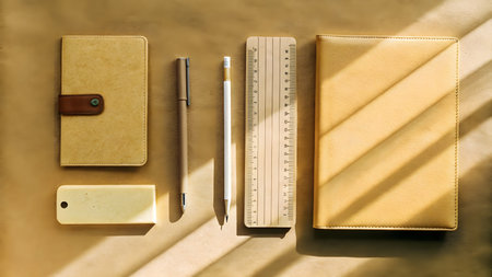 Various stationery items including notebooks, a pen, and a ruler, neatly arranged on a surface.の素材