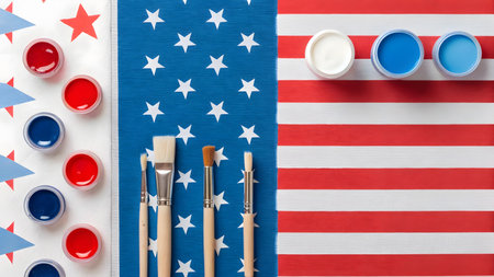 Colorful paint, brushes, and patterns await artists celebrating a festive event.の素材