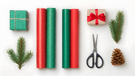 Festive holiday preparations with wrapped gifts, colorful paper, and decorative items displayed.の素材